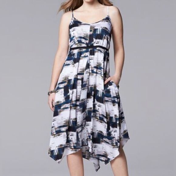 Simply Vera Wang abstract print silky midi dress with pockets size XS NWOT - Picture 1 of 7